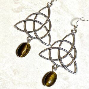 2/$20, Genuine Tiger's Eye Celtic Trinity Sterling Silver Dangle Earrings